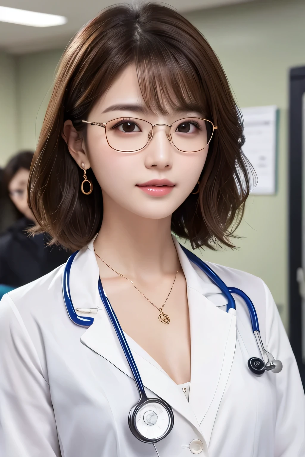 Beautiful young woman、 Korean women、Light brown hair、Necklace around the neck、White、Doctor's clothing、Intelligent Glasses、Stethoscope、Wavy Hair、short hair、Intricate details, Very detailed:1.2), 、 Looking into the camera,The background is the inspection room..、ear piercing