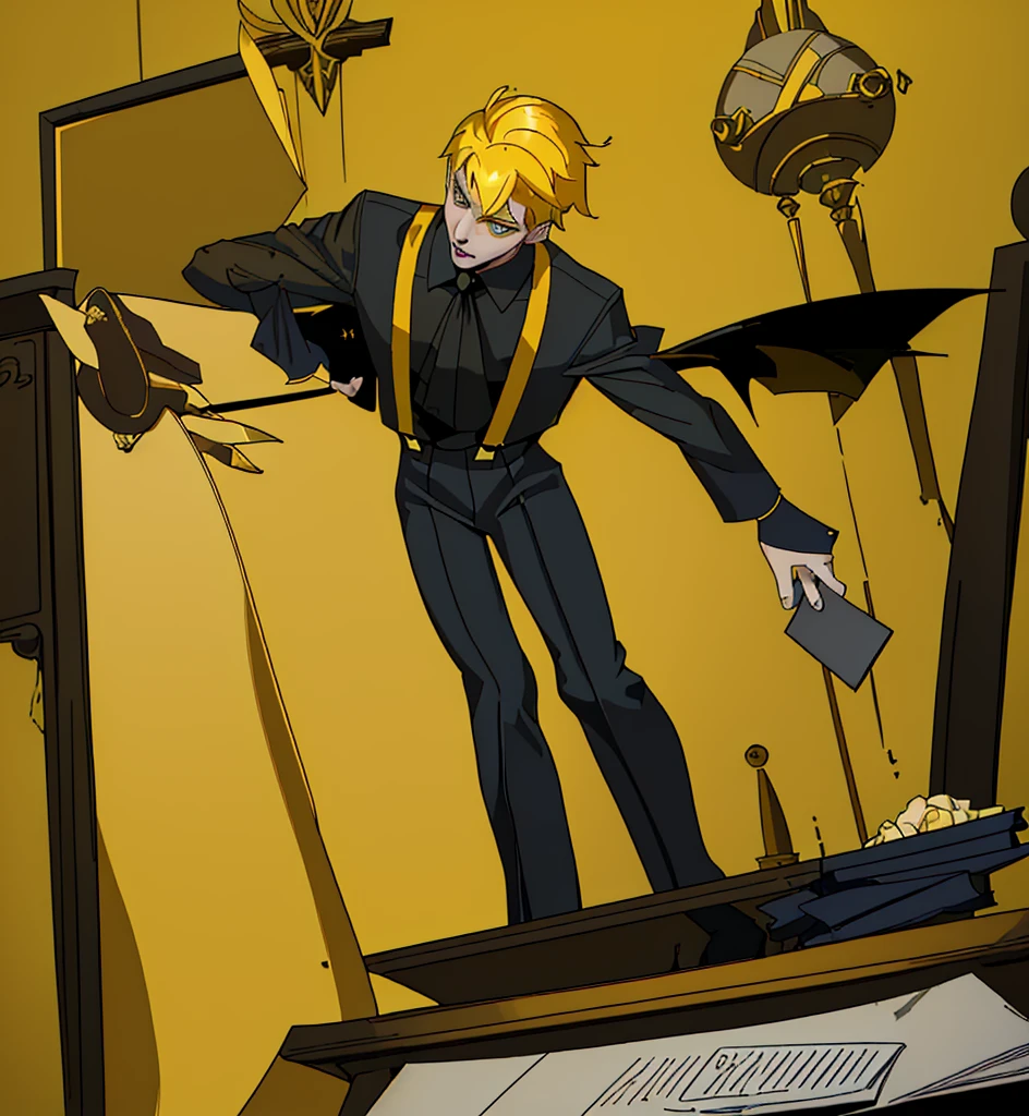 1boy, 1person, alone, 25 years old man, yellow hair, golden eyes, insister sur les reflets des yeux dorés, cheveux blonds, boss, formal business outfit, yellow outfit, yellow clothes, black suspenders, arrogant look, Jen Zee style, bureaucratic themed, modern look, work fashion, workaholic bureau clothes, classy yellow shirt, chemise jaune, bretelles noires, bureau, desk, work furniture, yellow themed image, yellow furniture, mustard touches of olor, mustard colored walls, kim goo character, kim goo inspiration, kim goo lookism, kim goo manager kim, looking at viewer, flower of the cult vagabondart1 style, vagabondart1 instagram, khoffi art style, khoffi style, khoffi instagram, ゆりぼう style, Imari Ozaki style, eve insomnia style, yasutatsu style, ewkkyorhrart, Dino (@Dino_illus) style, illustration