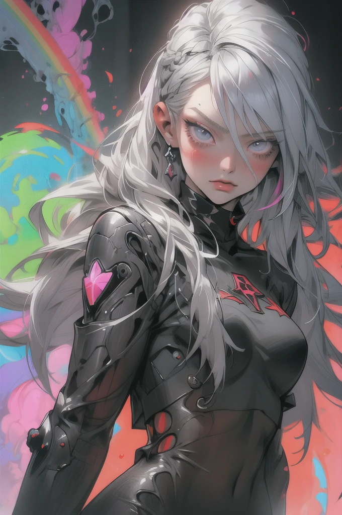 cyberpunk femboy, fantasy world, dark background, clean design, epic Instagram, artstation, colorful paint splash, silhouette, ultra-detailed intricate details, Unreal engine, fantasy, complex details, splash screen, complementary colors, fantasy concept art, 8k resolution, deviantart masterpiece, oil painting, heavy stroke, paint dripping, (isolated on white background: 1.3), rainbow skin, (((handsome young man))), (( teenage:1.5)), (glowing blue eyes), ((eyes with light)), (((short white hair: 1.1))), ((black)), (princess \\(indifferent expression\\), (((wearing high-detail luxury black robe))), white hair, (abs) (large pectoral muscles) (appropriate posture)