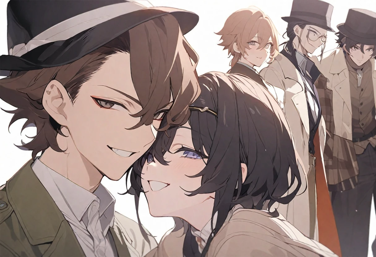 delicate、masterpiece、Highest quality、delicate、masterpiece、Highest quality、2 peopleの男性、2 people、Anime characters、Bungo Stray Dogs、bungou straydogs、Osamu Dazai、bandage、Black Hair、Short Hair、Brown long coat、Nakahara Chuuya、Brown Hair、Black Hat、cool、White background、