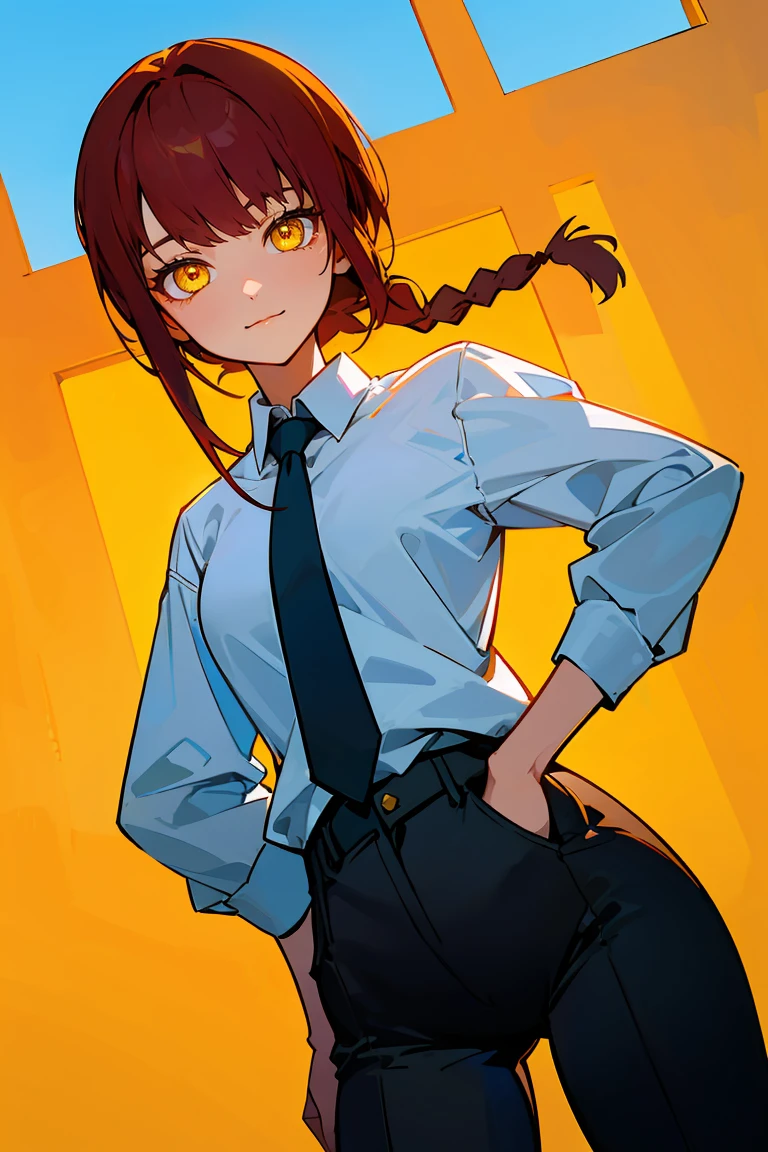 (masterpiece, best quality, high quality, highres, ultra-detailed), 1girl, red hair, single braid, ringed eyes, yellow eyes, golden eyes, bangs, blue sky, white shirt, black necktie, long office pants, low angle view, looking down at viewer, hand on hips, closed mouth, light smile