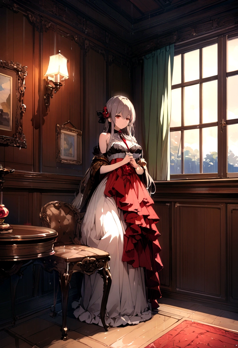 masterpiece、Top image quality、high detailing、Detailed beautiful face and eyes、abajour、window、(nighttime scene:1.5)、nighttime scene、(In black stockings:1.3)、(Pants over pantyhose:1.3)、(red eyes:1.4)、(Kneeling:1.4)、Delicate interior design、Longhaire、1girl in、(Boob emphasis:1.3)、(White hair)、length hair、red blush:1、(a beauty girl)、cute little、((maikurobikini))、((garterbelts))、((corsets))、((Eye lashes))、huge-breasted、(cleavage of the breast)、A smile、Long Globe、an lingerie、corsets、耳环、Character Center、Kamimei、((I can see panties)))、Big buttocks、Tsuriformes、Small pants、 (Curvaceous:1.2)、(frombelow:1.1)、(Black pleated skirt:1.4)、White blouses、、thick leg、a belt、Blunt bangs、(Open legs:1.6)、Blunt bangs、pretty pose、(Strong wind from below:0.7)、Angle from the side
