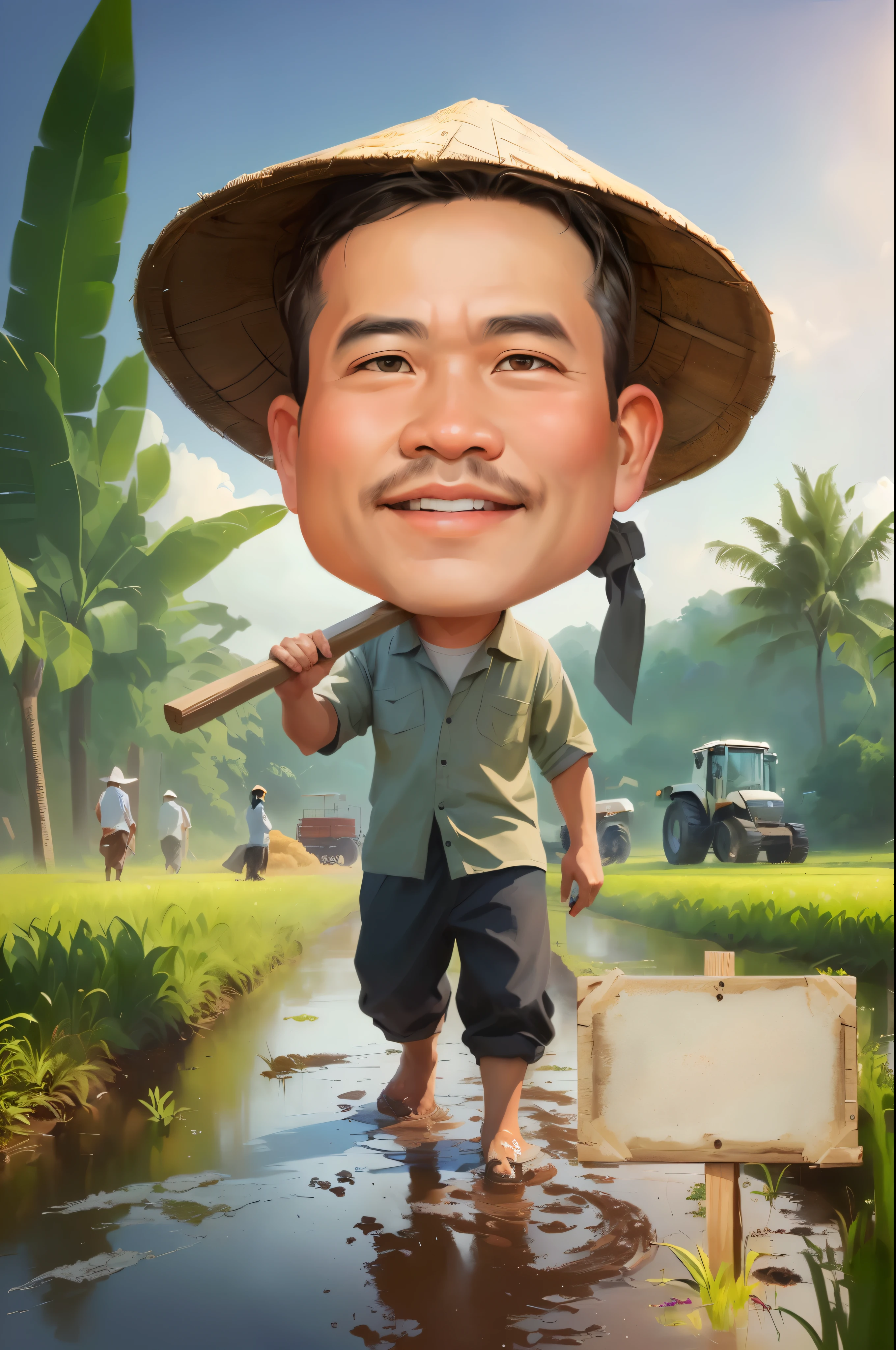 cartoon man walking in a muddy field with Bring a hoe, black hair, With a wooden plank stuck in front of him, caricature illustration, farmer, caricature style, japanesse farmer, cartoon portrait, caricature, cartoon digital painting, caricature!!!, south east asian with round face, cartoon artstyle, potrait, cartoon digital art, digital cartoon painting art, do hoang tuong artwork, big head