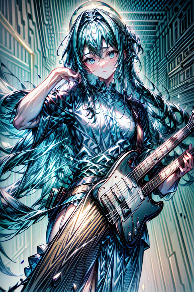 masterpiece, best quality, (illustration:1.2), (hyper detailed:1.5), ultra high res, 1jesus christ standing on a bed playing an oldschool rock and roll guitar, wearing a white oversized tshirt, dynamic camera angle