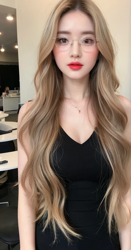 8k, Top image quality、Raw photography、超A high resolution、1 pretty girl, 18-year-old, Korean、Glasses beauty、Colossal tits:1.3、cleavage of the breast:1.3 、(transparent)、open shirt show , ((naked)), (detailed clothing), (detailed ), fair white skin、shiny white skin、(wavy blonde hair)、dark brown hair、dark brown hair、Beautiful eyes with random colors、very thin lips, finely detail、elongated eyes、pale pink blush、long eyeslashes、Beautiful double eyelids、eyeshadows、耳Nipple Ring、Company Office、Lighting that emphasizes beautiful skin、Lustrous skin