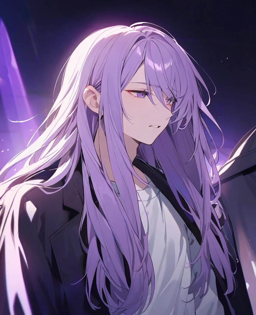 26 years old male Facing forward Draw down to the feet Onee mouth Light purple hair down to her shoulders