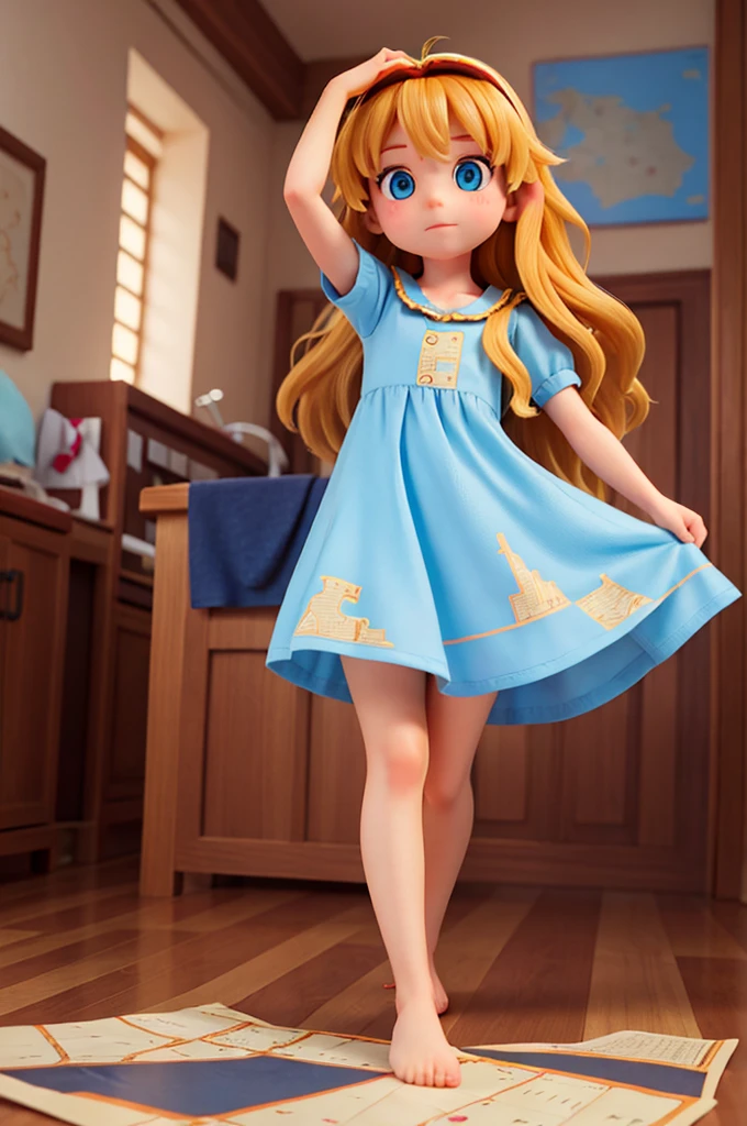 a little girl with long, thick hair of golden hair and two big, sparkling blue eyes, wearing a dress and pajamas, she's a , she's holding a map in her hand, she's a ???, a