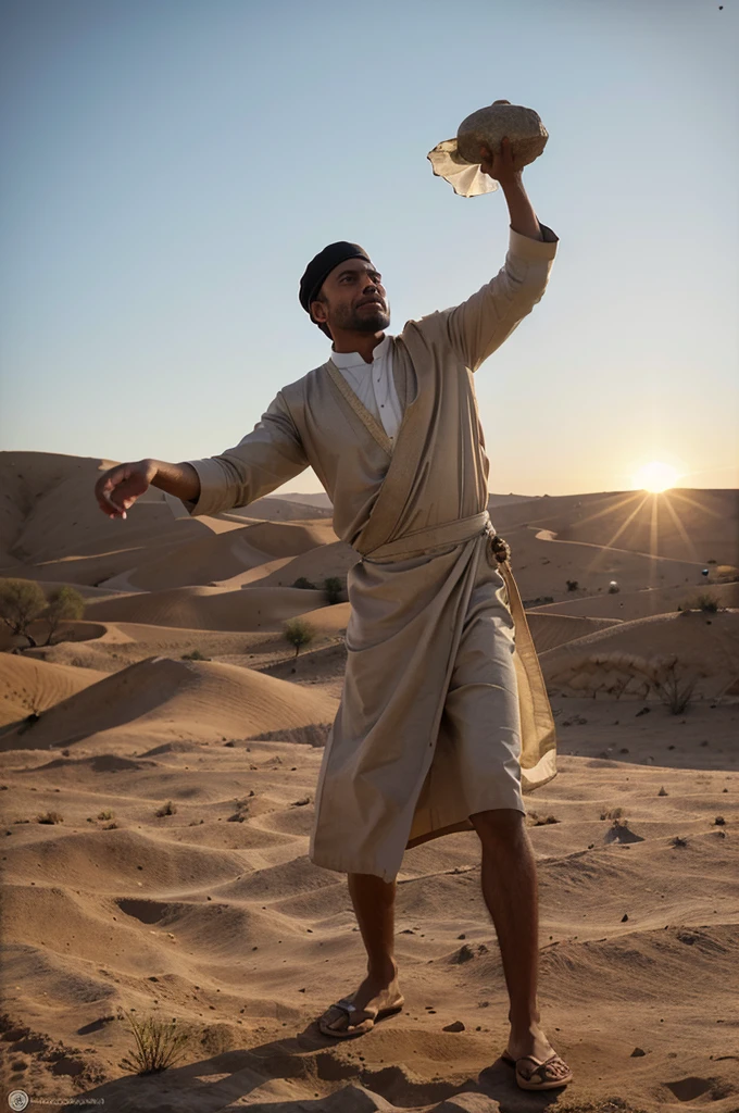 {A Muslim man in traditional attire, standing in a desert landscape, throwing a stone with determination, Photorealistic Image, natural light, Canon EOS 5D Mark IV, medium shot, highly detailed, 4K resolution, HDR, golden hour lighting}

