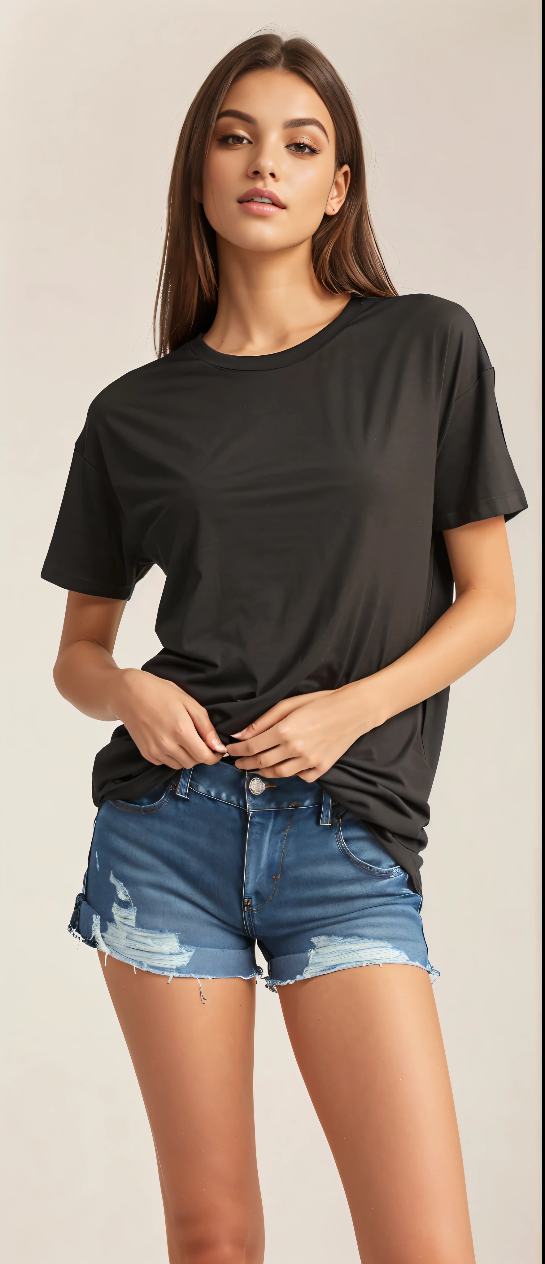 a woman in a camisa preta and denim shorts posing for a picture, camisa cinza, camiseta preta, camiseta preta, camiseta preta, wearing a camiseta preta, vestindo uma camiseta preta, vestindo camiseta preta, roupas simples, wearing pants and t-shirt, camisa preta, Roupa casual, Roupa casual style, vestindo uma camiseta