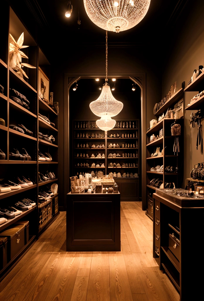 The setting is a BDSM studio or specialized store, with an elegant and well-decorated atmosphere.