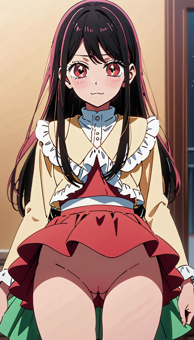 (Masterpiece、Highest quality、Very detailed、4K)、One Woman、Super short skirt、No panties、(shiranui frill)、((Character of Oshi no Ko))