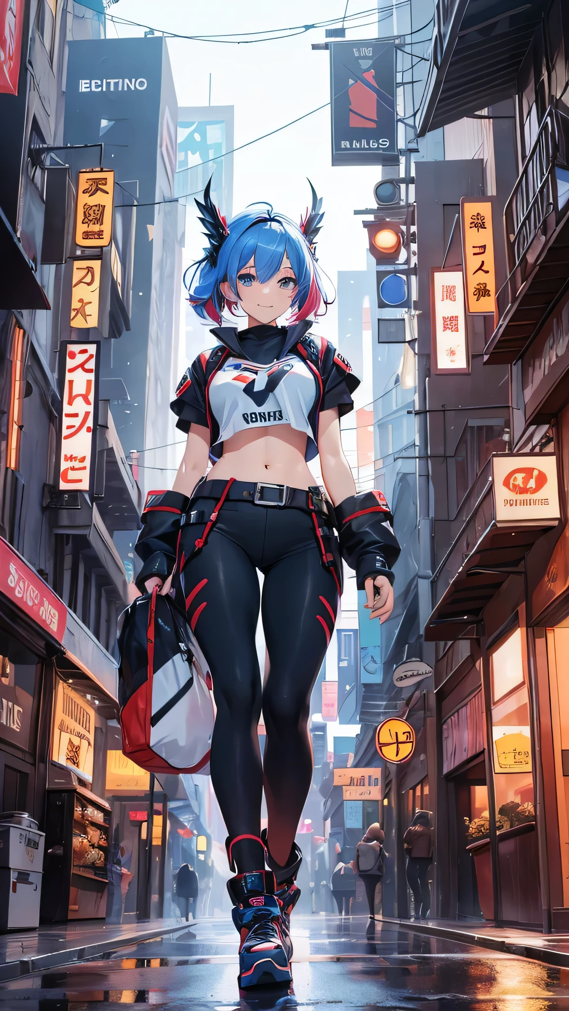Highest quality、Highest quality、Masterpiece、girl((20-year-old、as soon as、Highest Bust、Medium Bust、Wide open chest、Red glowing eyes、Light Blue Hair、Disheveled Hair、Loincloth、thin、The best valley、Open chest、Full body view、Colorful tank top、Colorful Pants、Smile、Leaning forward greatly))、high quality、Beautiful Art、background((Bright Cities))、flight、Flying Debris、Depth of text、movie、Visual Arts、Perfect Art、8K、Genuine、