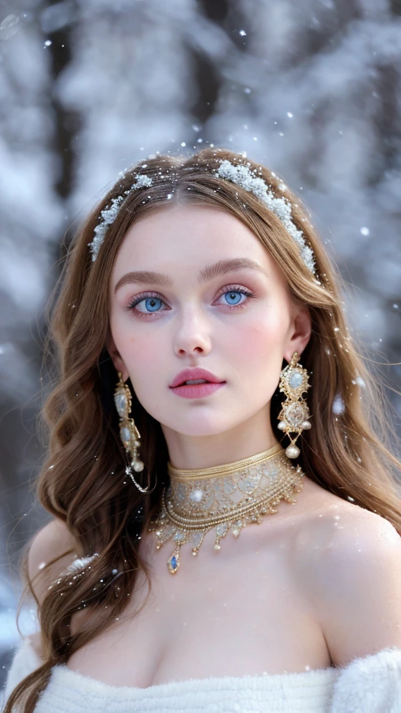 Beautiful girl, blue eyes, long curly white hair witg, detailed facial traits, beautiful earrings, national turkic female dress, naked breasts, naked nipples, yurta behind, it's snowing, sexy pose, beautiful headband with coins hanging out