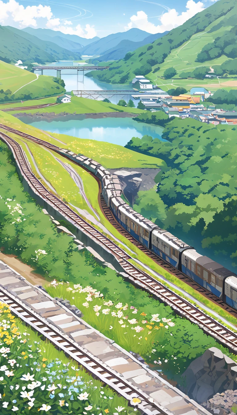 (A high-speed train loaded with coal), railway tracks extending from mines, on bridges,Flower Field,hillside,Hiking, plateau, summer,nobody
