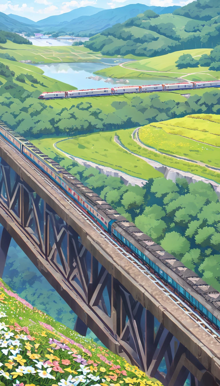 (A high-speed train loaded with coal), railway tracks extending from mines, on bridges,Flower Field,hillside,Hiking, plateau, summer,nobody