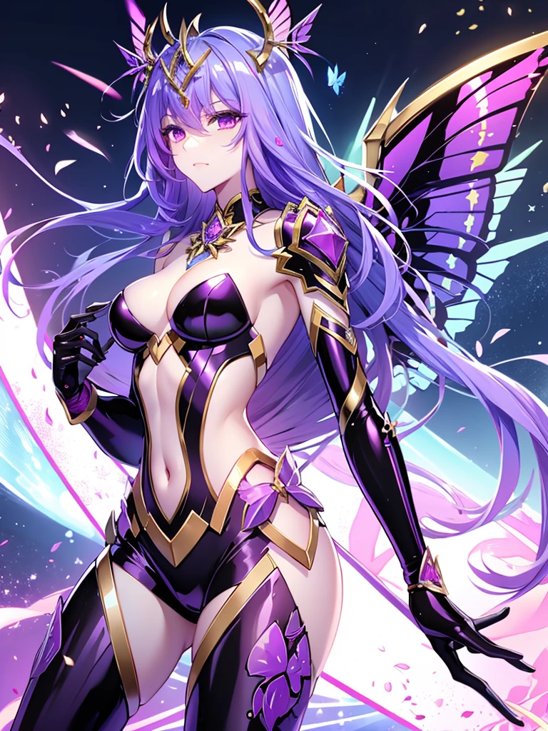 Tang Wutong, long hairs, small breast,mature, wearing latex black and purple star cyberpunk armour suit and jewelry, colorful butterfly wings
