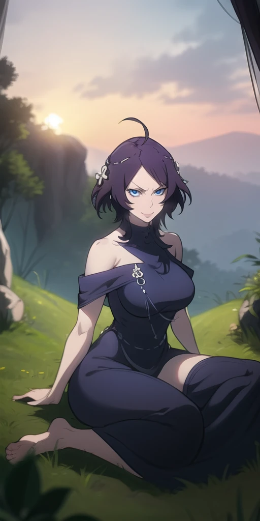 MC, ahoge, (long hari, purple hair:1.3), hair ornament, dark-blue eyes, breasts, epic art, fantasy, 1girl, grass, solo, barefoot, sitting, breasts, mountain, sunset, dress, bare_shoulders, outdoors, looking_at_viewer, off_shoulder, field, sky, lake, collarbone, mountainous_horizon, indian_style, twilight, tree, black_dress, large_breasts, scenery, medium_breasts, feet, off-shoulder_dress, (bokeh:1.3), rock, hollow eyes, bright pupils, dark-blue eyes, looking at viewer. (glowing eyes:1.3), heavy breathing, smirk, upper teeth,
