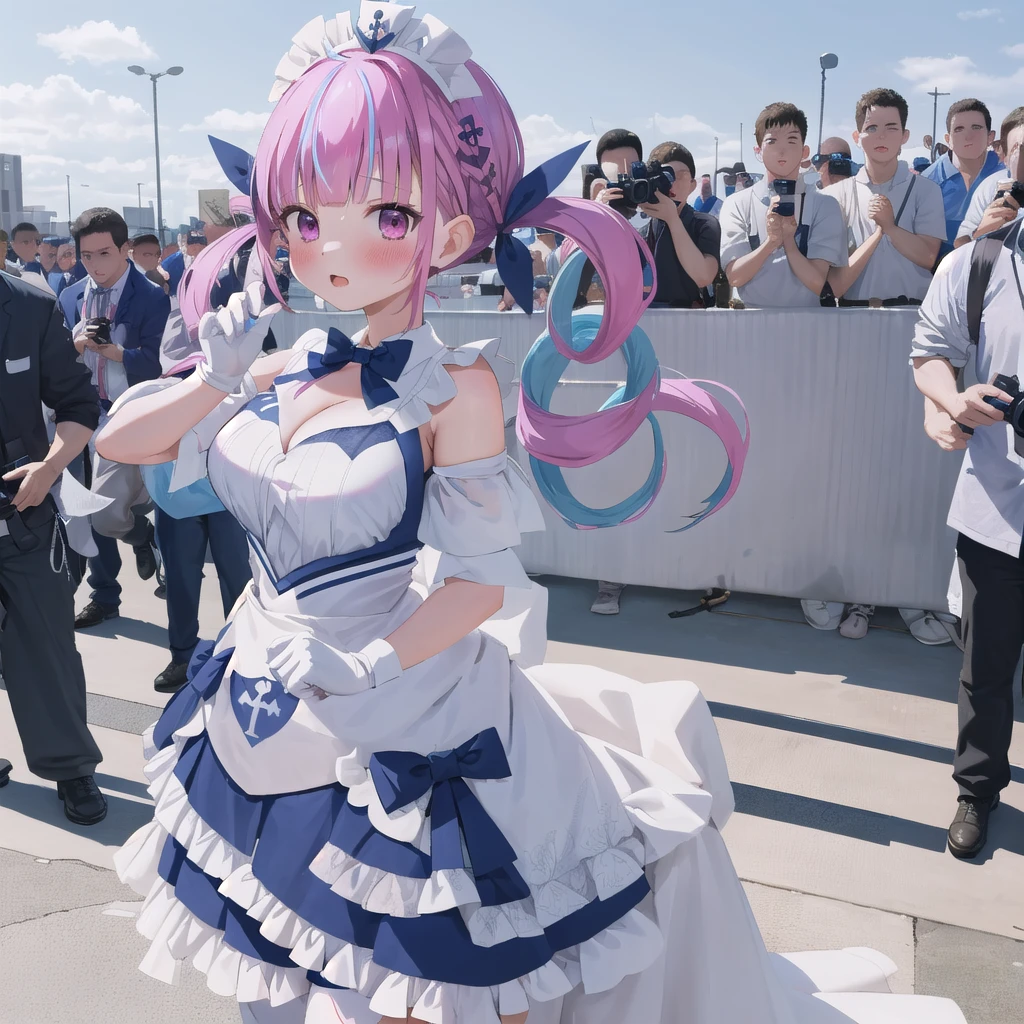 masterpiece, ultra detail, best quality, girl, shy, Minato aqua, Make a heart with your hands., blush, comiket_cosplay_Hiroba, camera, 6+boys, outdoors, holding camera, multiple boys, day, crowd, taking picture, blue sky, photo background, backwards  