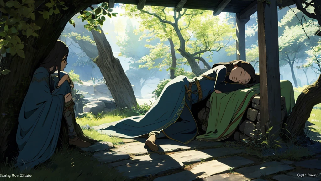 medieval fantasy elfe girl sleep ,sous un arbre, high quality
