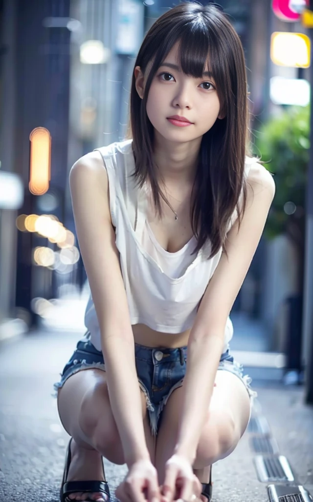 NSFW、1人、on tokyo street、A city scape、Downtown at night、neons、The signboard is dazzling、The upper part of the body、a closeup、a smile、、(8K、Raw photography、top-quality、masterpiece:1.2)、(realisitic、photoRealstic:1.37)、Highly detailed eyelash drawing、(((Top image quality))),Colossal tits、slender。Fine skin, (Beautiful hair), (Perfect Anatomy), (Realistic),Sensual look、top-quality、hight resolution、(((full bodyesbian)))、Denim tight shorts、Short T-shirt with a visible stomach、(high-heels)