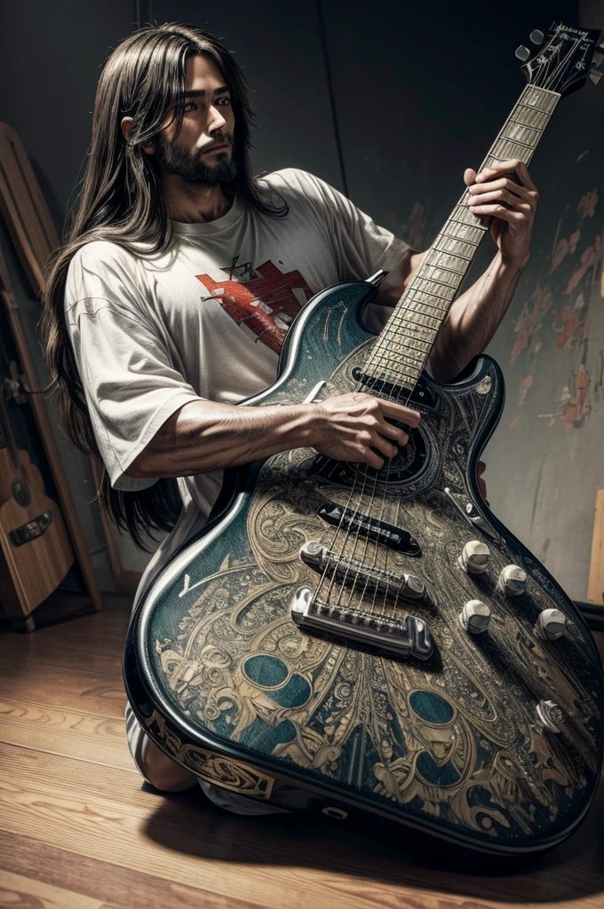 anime, masterpiece, best quality, (illustration:1.2), (hyper detailed:1.5), ultra high res, 1jesus christ standing on a bed playing an oldschool rock and roll guitar, wearing a white oversized tshirt, dynamic camera angle