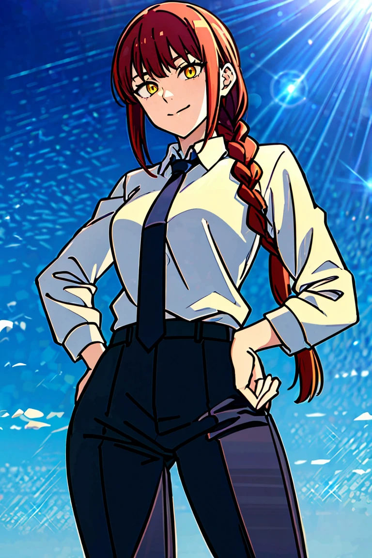 (masterpiece, best quality, high quality, highres, ultra-detailed), 1girl, red hair, single braid, ringed eyes, yellow eyes, golden eyes, bangs, blue sky, white shirt, black necktie, long office pants, low angle view, looking down at viewer, hand on hips, closed mouth, light smile