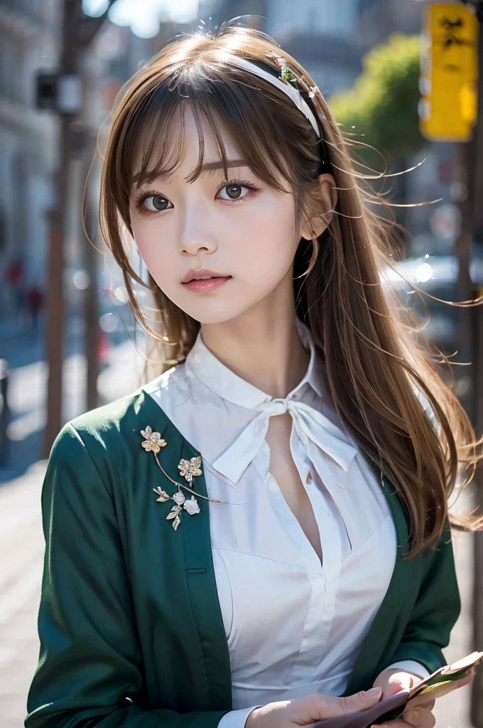 (Dynamic Angle:1.3),Extreme close up,the wind is strong,映画ofハイライト,1人of女of子,Upper Body,dancing,View your viewers, violet_Evergarden, alone, jewelry, blank eye,brooch, blonde_hair,( vevry long hair:1.2),floating hairlong_sleeve, ribbon, green_eye, Jacket, dress, gem, hair_ribbon,null, depth_of_Field, a close view of flying petal,