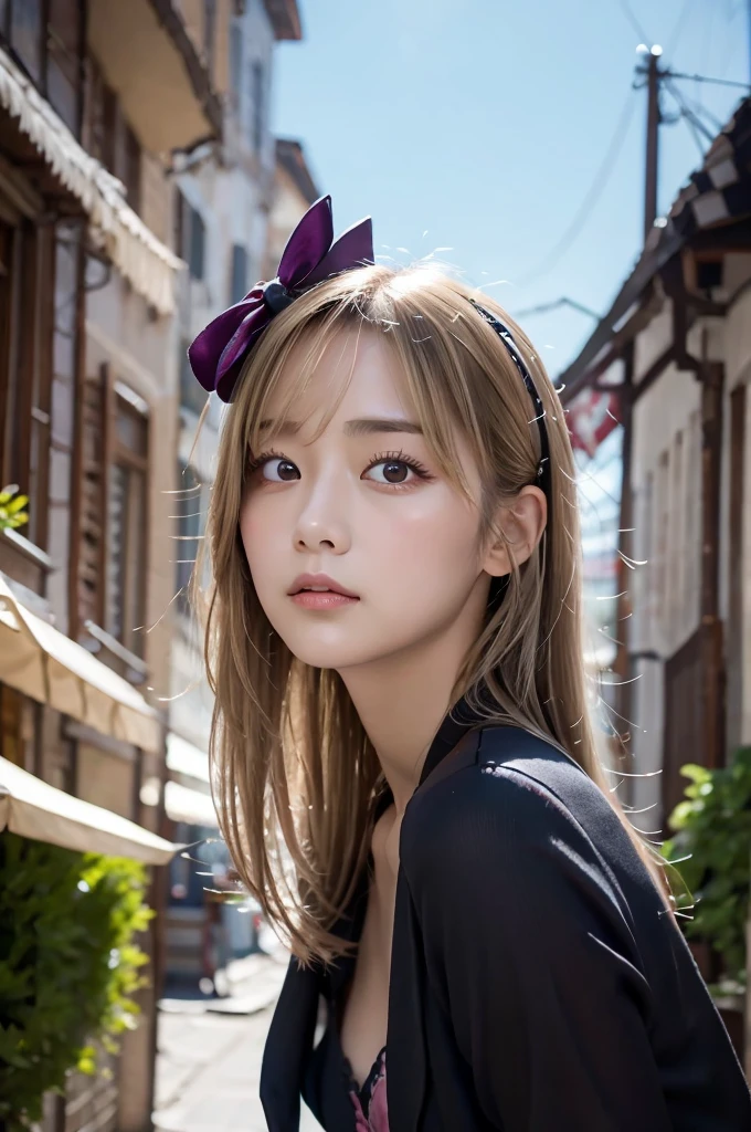 (Dynamic Angle:1.3),Extreme close up,the wind is strong,映画ofハイライト,1人of女of子,Upper Body,dancing,View your viewers, violet_Evergarden, alone, jewelry, blank eye,brooch, blonde_hair,( vevry long hair:1.2),floating hairlong_sleeve, ribbon, green_eye, Jacket, dress, gem, hair_ribbon,null, depth_of_Field, a close view of flying petal,