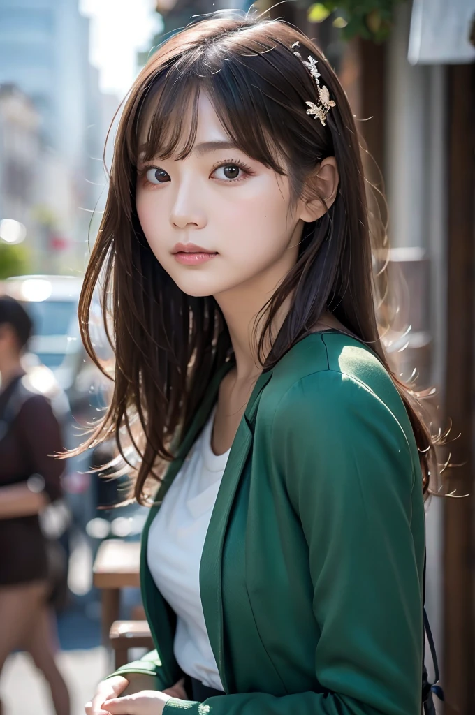 (Dynamic Angle:1.3),Extreme close up,the wind is strong,映画ofハイライト,1人of女of子,Upper Body,dancing,View your viewers, violet_Evergarden, alone, jewelry, blank eye,brooch, blonde_hair,( vevry long hair:1.2),floating hairlong_sleeve, ribbon, green_eye, Jacket, dress, gem, hair_ribbon,null, depth_of_Field, a close view of flying petal,