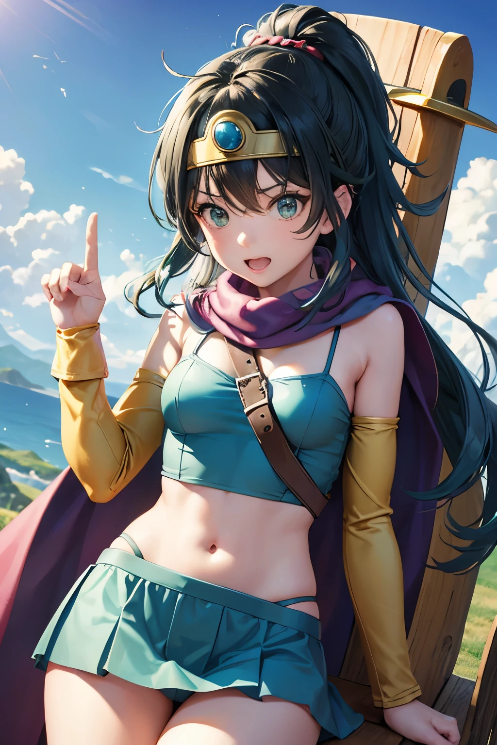 （（（ＳＦＷ、sound、Highest quality、first-class、masterpiece、Normal body、8K、Detailed face、Ultra-precision、Normal hand、Normal finger、５Finger、Highest）））、beautiful girl、Green Hair、Small breasts、Shortcuts、Blue high-leg retard、No sleeve、Black mini skirt、Red cloak、Circlet、Legendary Sword、DRAGON QUEST、Female Hero、In combat、Combat Ready、Lightning Slash、incantation、Gigadein