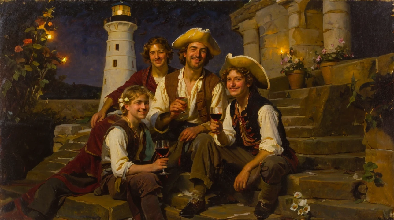 oil on canvas, a beautiful young man resembling Mckenna Grace drinking wine with his pirate friends, in front of some stone steps of an old lighthouse, smiling and looking at the camera, landscape of an epic night , many flowers decorate the place, natural lighting, style of william-adolphe bouguereau
