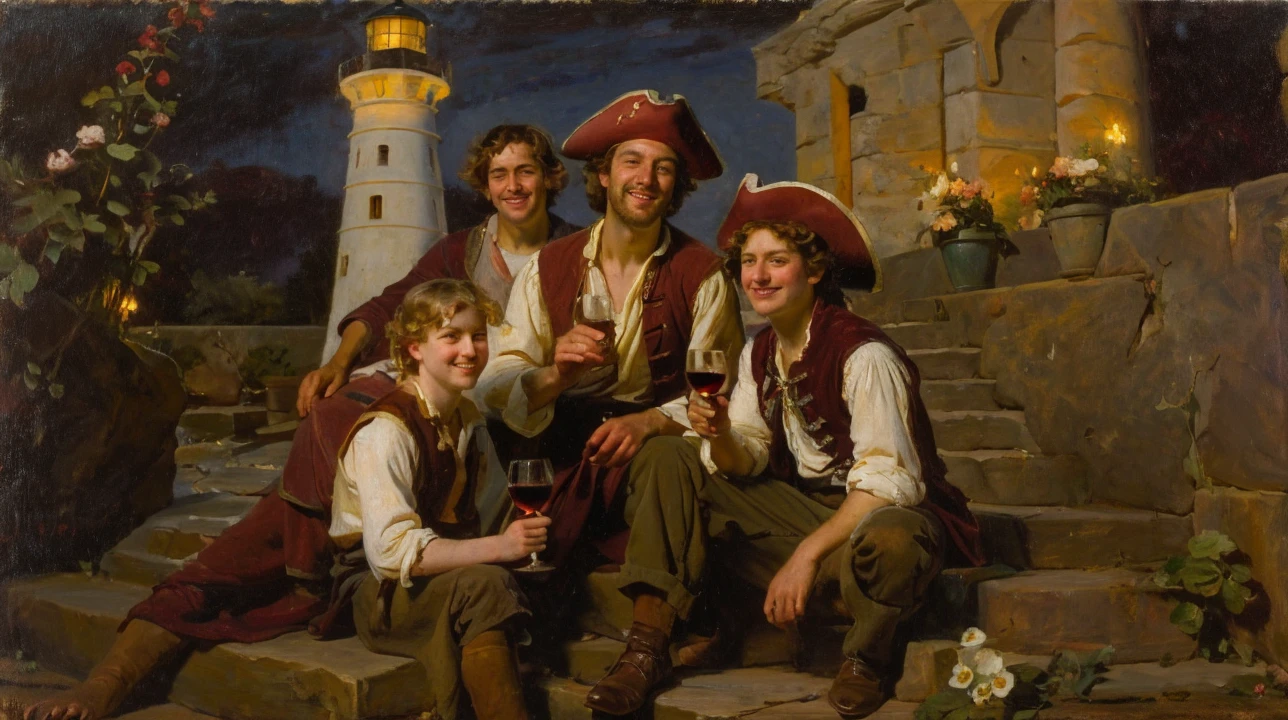 oil on canvas, a beautiful young man resembling Mckenna Grace drinking wine with his pirate friends, in front of some stone steps of an old lighthouse, smiling and looking at the camera, landscape of an epic night , many flowers decorate the place, natural lighting, style of william-adolphe bouguereau