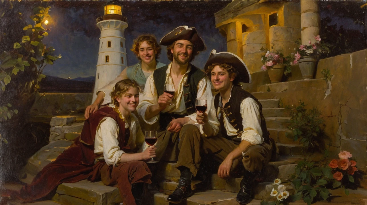 oil on canvas, a beautiful young man resembling Mckenna Grace drinking wine with his pirate friends, in front of some stone steps of an old lighthouse, smiling and looking at the camera, landscape of an epic night , many flowers decorate the place, natural lighting, style of william-adolphe bouguereau
