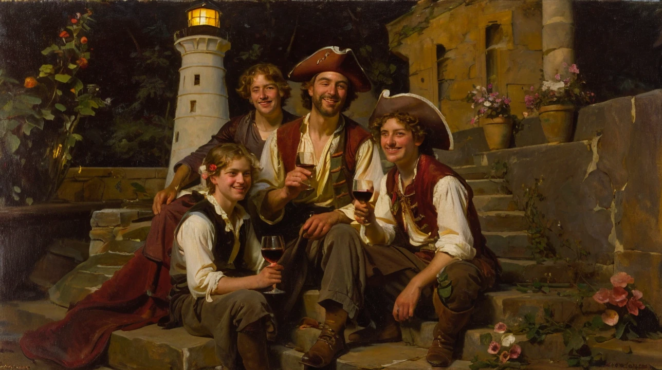 oil on canvas, a beautiful young man resembling Mckenna Grace drinking wine with his pirate friends, in front of some stone steps of an old lighthouse, smiling and looking at the camera, landscape of an epic night , many flowers decorate the place, natural lighting, style of william-adolphe bouguereau