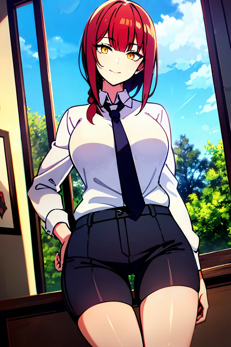 (masterpiece, best quality, high quality, highres, ultra-detailed), 1girl, red hair, single braid, ringed eyes, yellow eyes, golden eyes, bangs, blue sky, white shirt, black necktie, long office pants, low angle view, looking down at viewer, hand on hips, closed mouth, light smile