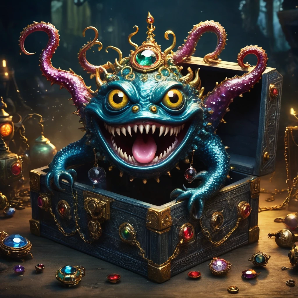 (masterpiece, best quality:1.2), dark，Fear，imitate，Suspension，Strange open lid box monster full of jewels - one eye - sharp teeth - ugly - long tongue，Long tentacles，Scattered jewelry,Greedy should be open, Reveals a big, Weird tongue and nasty teeth. 