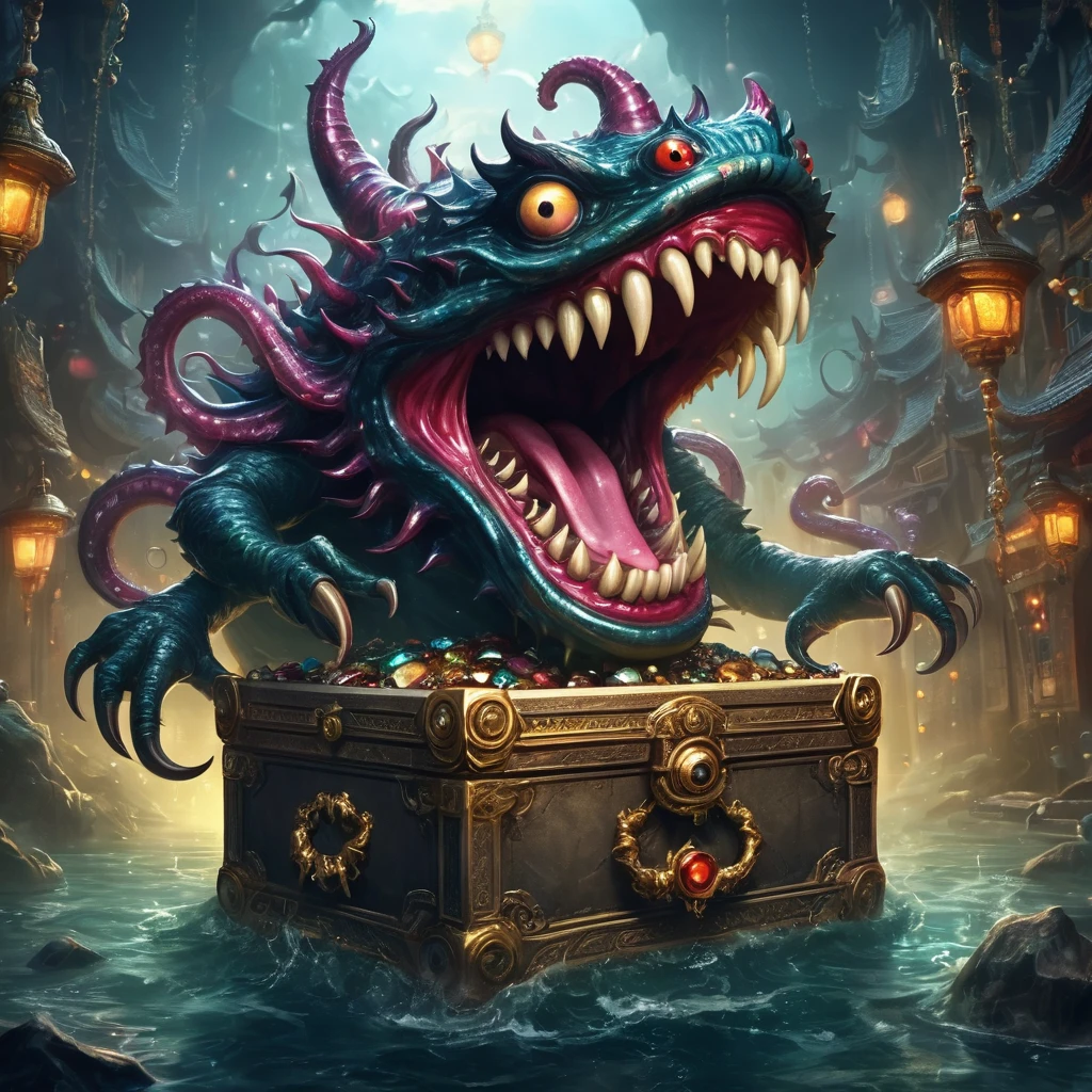 (masterpiece, best quality:1.2), dark，Fear，imitate，Suspension，Strange open lid box monster full of jewels - one eye - sharp teeth - ugly - long tongue，Long tentacles，Scattered jewelry,Greedy should be open, Reveals a big, Weird tongue and nasty teeth. 