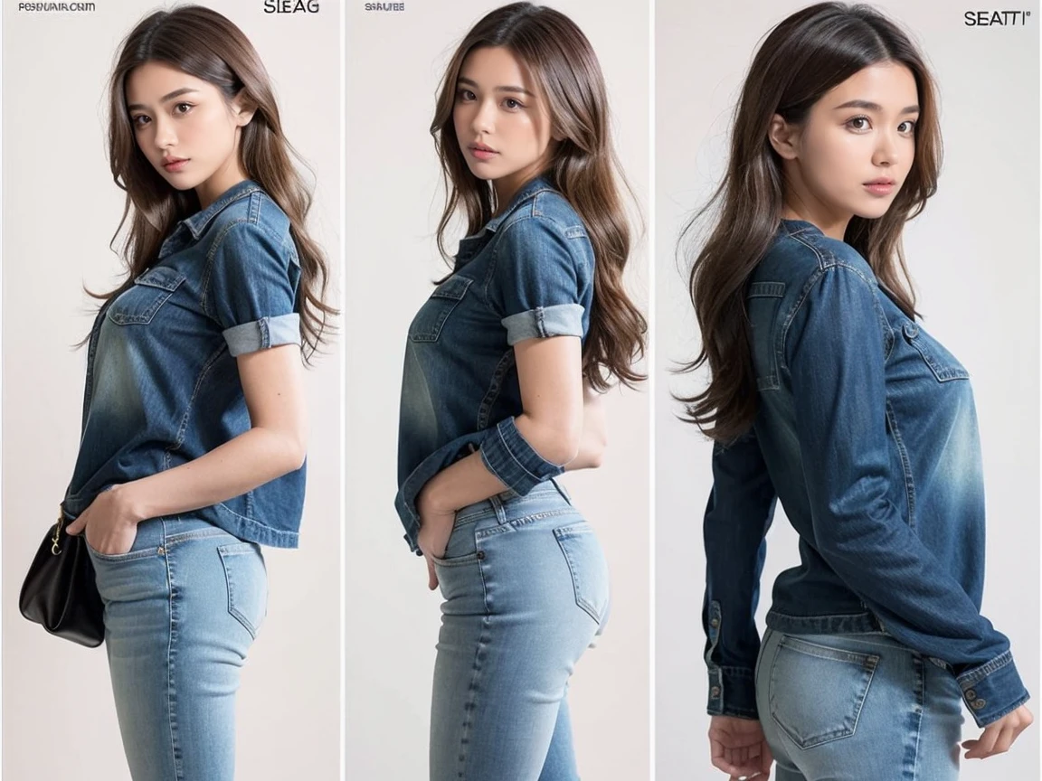 Detailed character sheet, Front view, Side view, Diagonal view, with a white returnground, show women, 30 years old, with dark brown hair combed return, Wearing light casual clothing, Wearing tight denim jeans. The seat includes different angles, Front etc., return, and Side views, Model sheets and reference sheets, Full-body painting. Proportions are based on a 7.5 head scale.