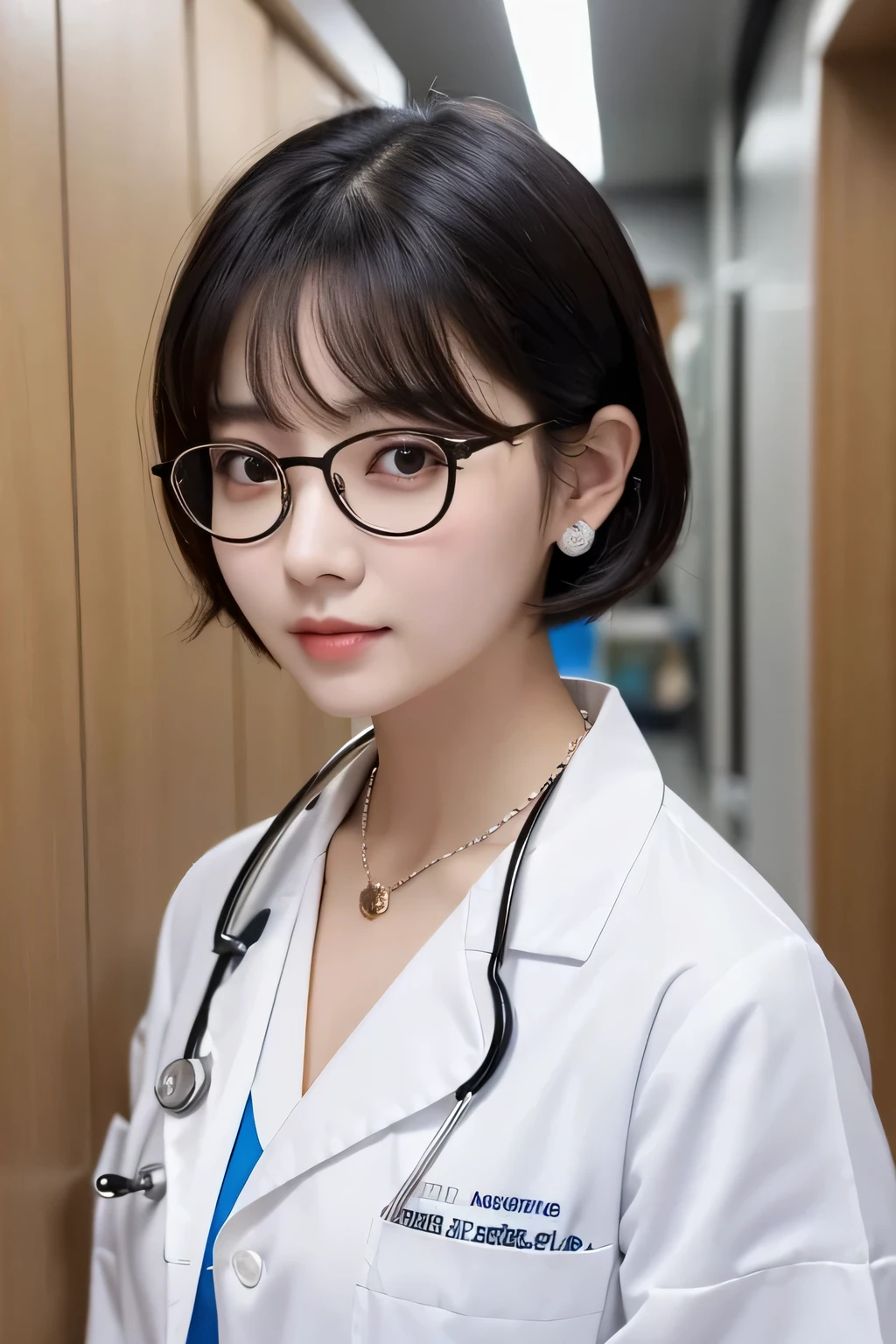 Beautiful young woman、 Korean women、Black Hair、Necklace around the neck、White、Doctor's clothing、Intelligent Glasses、Stethoscope、Wavy Hair、short hair、Intricate details, Very detailed:1.2), 、 Looking into the camera,The background is the inspection room..、ear piercing