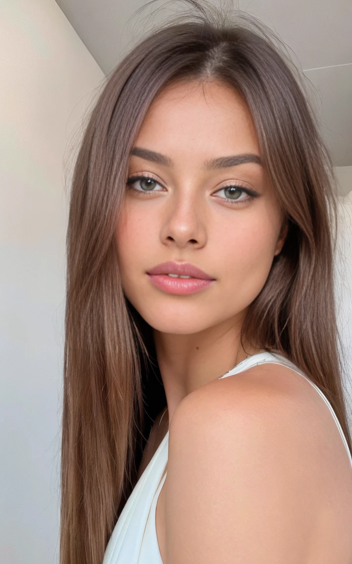 (best quality,4k,8k,highres,masterpiece:1.2),ultra-detailed,(realistic,photorealistic,photo-realistic:1.37),portrait,beautiful girl,brown eyes,detailed lips,long eyelashes,youthful appearance,flowing straight hair,light brown hair,expressive face,soft skin,slight smile,Barefoot,standing pose,looking directly at the camera,green background,feminine elegance,colorful lighting,subtle shadows,vivid colors,studio lighting
