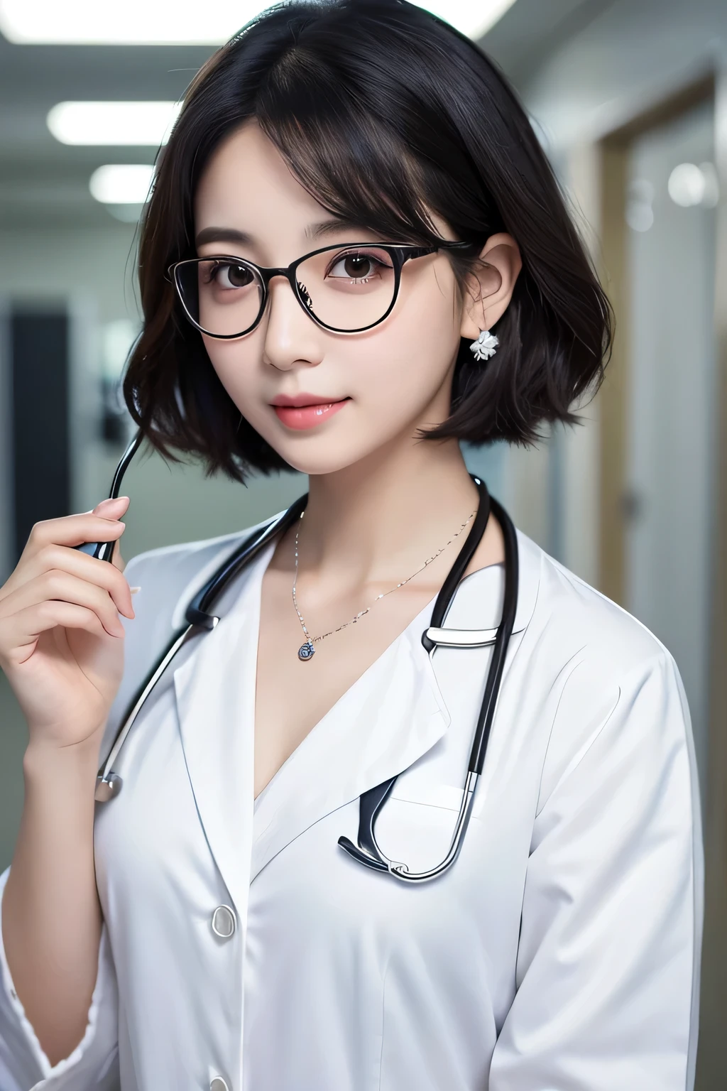 Beautiful young woman、 Korean women、Black Hair、Necklace around the neck、White、Doctor's clothing、Intelligent Glasses、Stethoscope、Wavy Hair、short hair、Intricate details, Very detailed:1.2), 、 Looking into the camera,The background is the inspection room..、ear piercing
