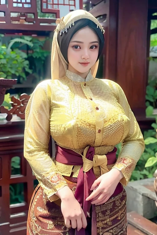 Photography, 1girl,  "Javanese" transparant kebaya clothing,traditional clothing "Indonesian" cloth belt,high detail, ultra realistic, soft focus "Indonesian" Javanese traditional house background, 8K,no defects, photoreal, big breasts