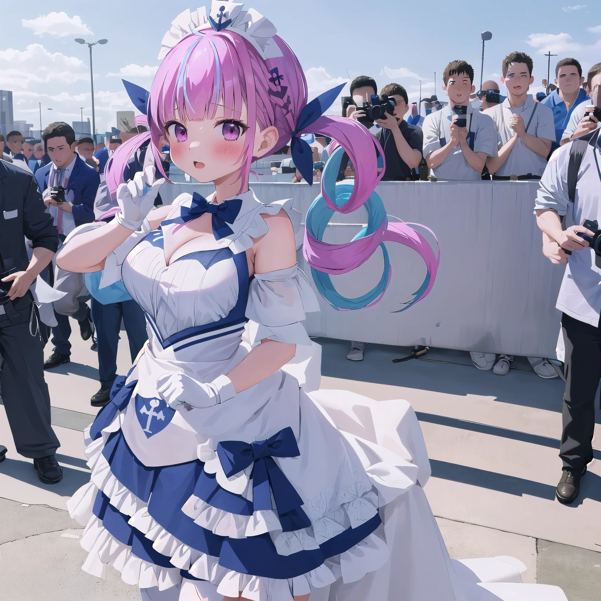 masterpiece, ultra detail, best quality, girl, shy, Minato aqua, Make a heart with your hands., blush, comiket_cosplay_Hiroba, camera, 6+boys, outdoors, holding camera, multiple boys, day, crowd, taking picture, blue sky, photo background, backwards  