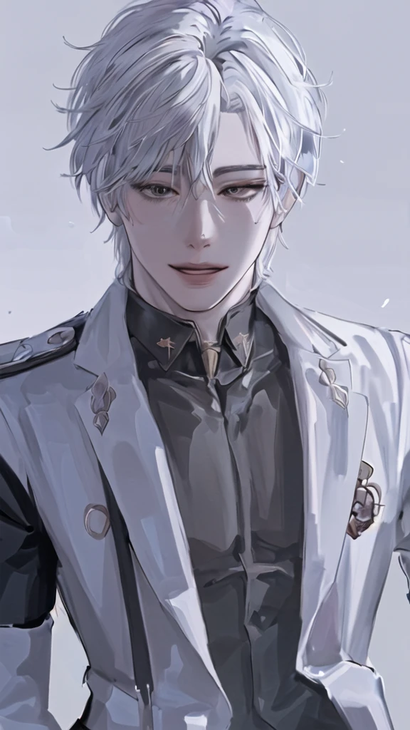 anime boy with white hair and black jacket , boy with white hair, detailed portrait of anime girl, from the front line of boy, semirealistic anime style, amazing anime face portrait, beautiful anime portrait, perfect white haired boy , fine details. girl front line, realistic anime art style, made with anime painter studio, portrait anime boy, anime realism style, white haired,ยิ้ม,ยืนเต็มตัว,เห็นทั้งตัว