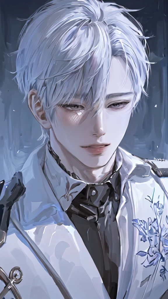 anime boy with white hair and black jacket , boy with white hair, detailed portrait of anime girl, from the front line of boy, semirealistic anime style, amazing anime face portrait, beautiful anime portrait, perfect white haired boy , fine details. girl front line, realistic anime art style, made with anime painter studio, portrait anime boy, anime realism style, white haired,ยิ้ม,ยืนเต็มตัว,เห็นทั้งตัว