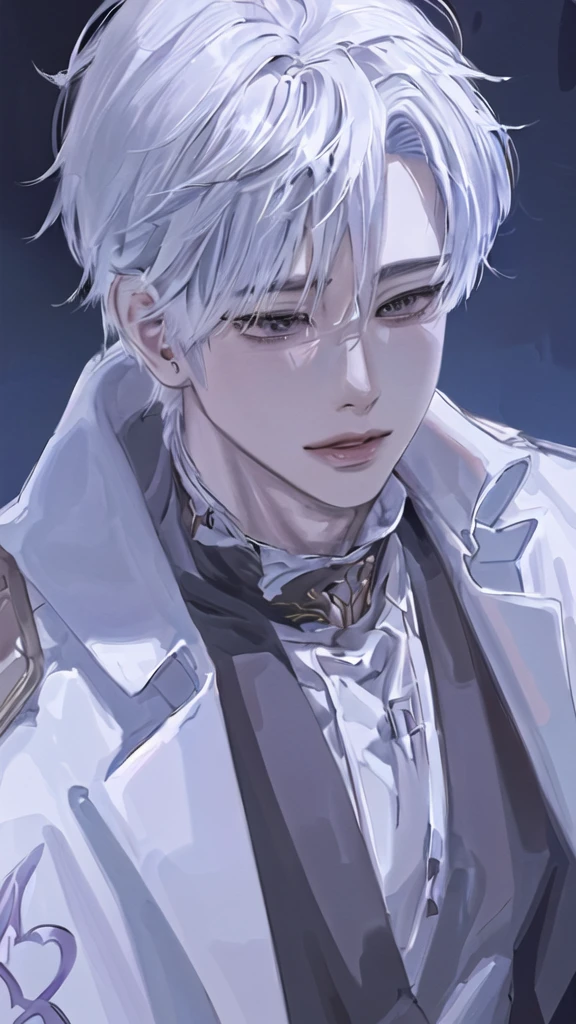 anime boy with white hair and black jacket , boy with white hair, detailed portrait of anime girl, from the front line of boy, semirealistic anime style, amazing anime face portrait, beautiful anime portrait, perfect white haired boy , fine details. girl front line, realistic anime art style, made with anime painter studio, portrait anime boy, anime realism style, white haired,ยิ้ม,ยืนเต็มตัว,เห็นทั้งตัว