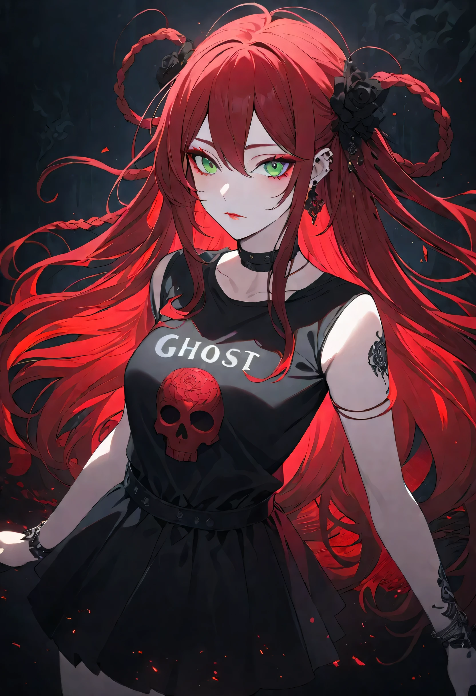 Long waves of fiery red hair flow down her back, intricately braided. She wears a faded black t-shirt emblazoned with a red skull and the cryptic text "GHOST." In this visually striking photograph, the subject exudes an aura of edgy elegance. Her piercing green eyes are accentuated by sleek, dramatic makeup, emphasizing the mysterious allure of her persona. The lighting captures every subtle highlight and shadow, creating a rich, immersive visual experience. This captivating portrait delves into the intriguing world of modern fantasy fashion.