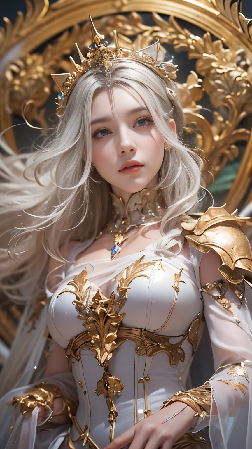 8K resolution, masterpiece, Highest quality, Award-winning works, unrealistic, sole sexy lady, healthy shaped body, 25 years old, white wavy long hair, hair band, big firm bouncing bust, ancient roman military commander's armor, Pure white armor with a complex structure, royal coat of arms, excalibur, elegant, Very detailed, Digital Painting, artステーション, コンセプトart, Smooth, Sharp focus, shape, artジャム、Greg Rutkowski、Alphonse Mucha、William Adolphe Bouguereau、art：Stephanie Law , Magnificent royal background, Royal Jewel, nature, Full Shot, Symmetric, Greg Rutkowski, Charlie Bowwater, beep, Unreal 5, Surreal, Dynamic Lighting, ファンタジーart, Complex colors, Colorful magic circle, flash,  dynamic sexy poses