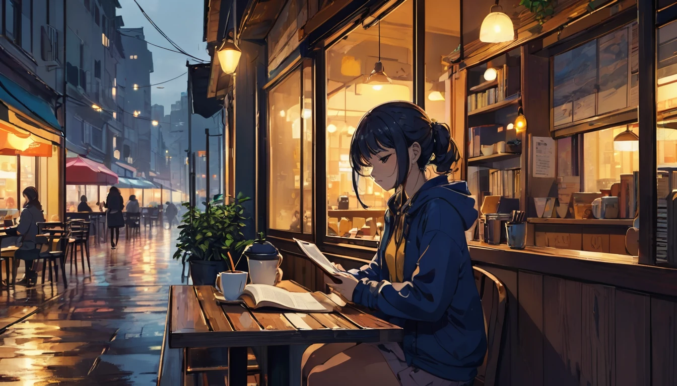 An illustration of a girl studying in an anime-style urban cafe. She sits by the window, concentrating on reading a book while feeling the hustle and bustle of the city outside. Her expression is focused, but also reflects a certain loneliness. The interior of the cafe is cozy, with a coffee cup and a book on the table. Outside the window, it is raining. You can see the city lights and distant buildings. This scene expresses the diverse emotions and tranquility of city life.