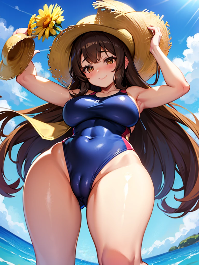 Anime girl, shy, thick, curvy, long curly brown hair with bangs, brown eyes, smiling, two piece swimsuit
